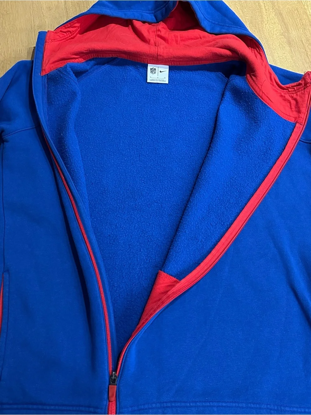 Nike Blue Buffalo Bills Assymetrical Zipper Hoodie with Red Trim Women’s Large